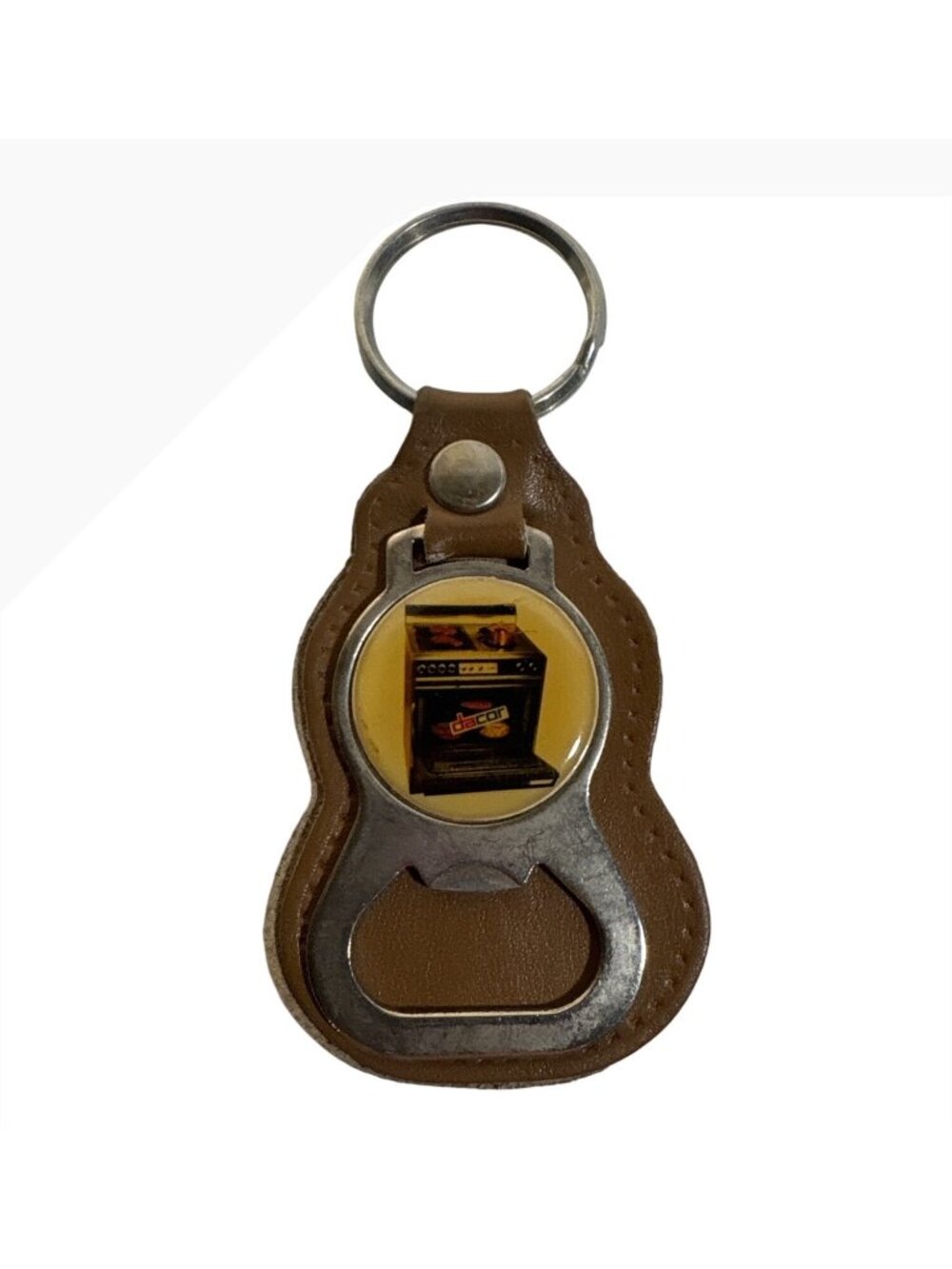 Vintage 1981 Dacor Stoves Brown Leather Keychain With Bottle Opener Inscribed